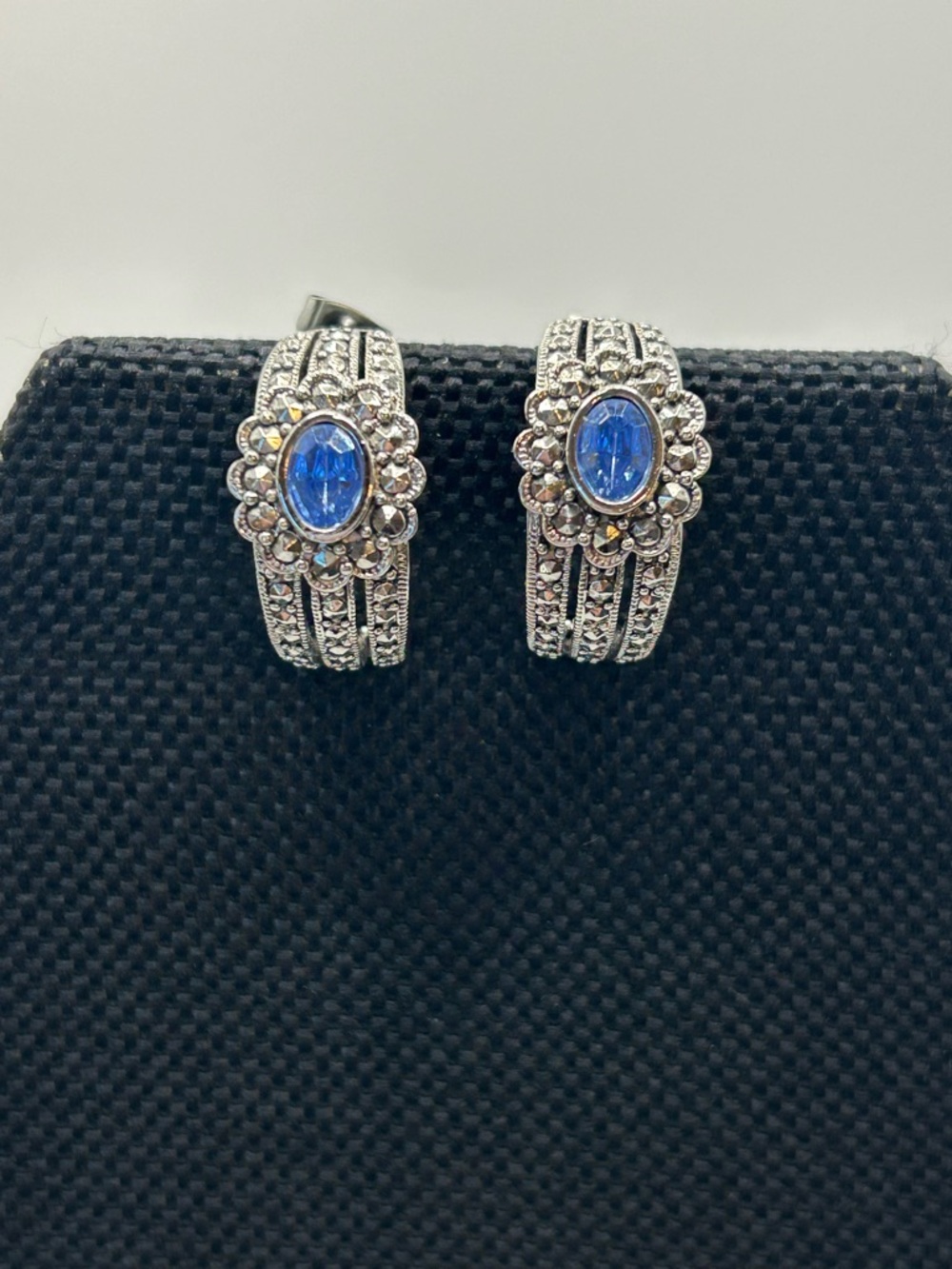Avon Marcasite & Blue Crystal Half-Hoop Earrings
